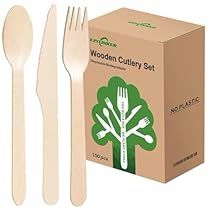 the wooden cutlery set includes forks, spoons and an empty box for packaging