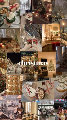 a collage of photos with christmas decorations and cookies on them, including trees, snowmen, houses, lights, and gifts