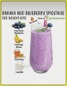 a blueberry smoothie is shown with ingredients to make it