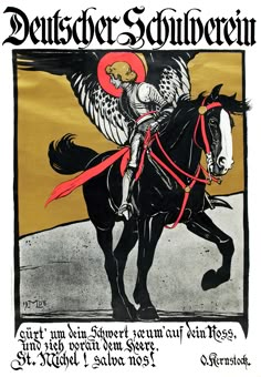 a poster with an angel riding a black horse and holding the reigns on its back