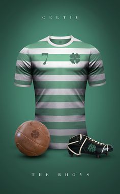 a green and white striped shirt next to a soccer ball, shoe and t - shirt