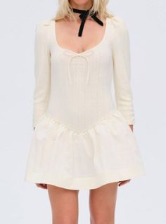 The Aliyah Pointelle cream mini dress is a chic, everyday essentials crafted in a knit pointelle and crinkle-stretch poplin. Featuring three-quarter length sleeves, a wide scoop neck with a ruched bust, and a gathered skirtthis knit dress is both feminine and versatile, perfect for dressing up or down. Fall Dress Long Sleeve, Cream Mini Dress, Lemon Dress, Birthday List, Gathered Skirt, Little White Dresses, Love And Lemons, Cream Dress, For Love And Lemons