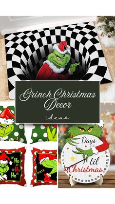 the grinch christmas decor is displayed in front of a black and white checkered background