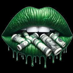 a green lip with money coming out of it and dripping from the top to the bottom