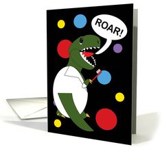 a card with a dinosaur saying roar on it's face and bubbles around him