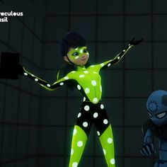 the animated character is dressed in neon green and white polka dots, with her arms outstretched