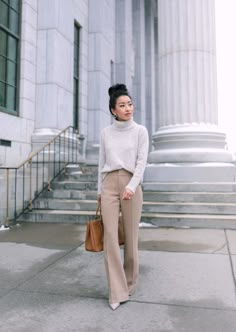 La Work Style, Business Casual Tights Outfit, Cute Outfits For Mid 30s, Tan Wool Pants Outfit, How To Dress Trouser Pants, Business Formal Women Summer, Well Dressed Life Wardrobe Challenge 2023, Tan Dress Pants Outfit Winter, Brown Cardigan Work Outfit