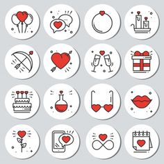 valentine's day icon set in flat line art style with red and white colors