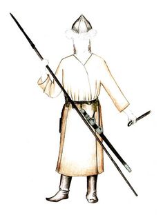 a drawing of a man with two swords in his hand and wearing a white outfit