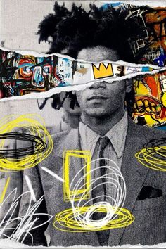 a man in a suit and tie is surrounded by various graffiti art pieces, including the letter i