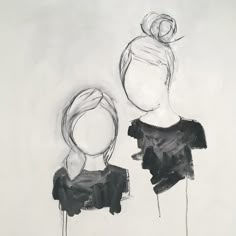 two black and white drawings of women with hair in buns