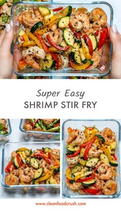 the steps to make shrimp stir fry with vegetables and sauce in glass dishes, including zucchi