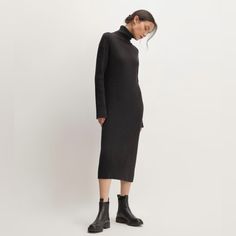 Turtleneck, But Make It A Dress. Turtleneck Meets Dress In This Relaxed Midi-Length Dress. The Cotton-Merino Turtleneck Dress Features A Column-Like Fit, Gentle Dropped Shoulders And A Folded Turtleneck In An All-Over Rib Stitch. Made With A Blend Of Rws-Certified Merino Wool And Organic Cotton Fit Relaxed Fit Midi Length Materials Body: 55% Wool, 45% Organic Cotton Collar: 48% Wool, 39% Organic Cotton, 11% Nylon, 2% Elastane Care Machine Wash Cold, Gentle Cycle With Like Colors. Only Non-Chlori Cotton Turtleneck, Black Turtleneck Sweater, Rib Stitch, Turtleneck Dress, Black Turtleneck, Turtle Neck Dress, Midi Length Dress, Tee Dress, Turtleneck Sweater