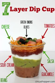 the seven layer dip cup is labeled in green onions, olives, tomatoes, sour cream and guacamole