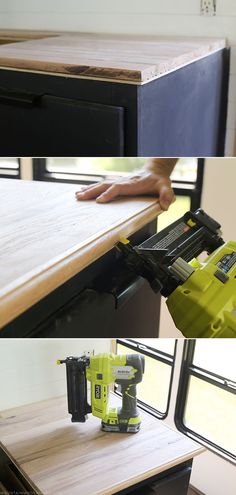 two pictures showing the different stages of cutting wood with a jig saw and an electric planer