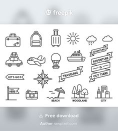 the free travel icon set is shown in black and white, with an arrow pointing to different