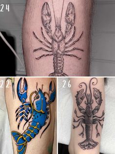 four different pictures of lobsters and crabs on their legs, one is black and the other is blue