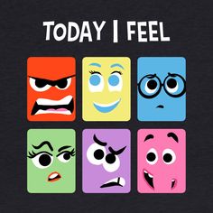 four square faces with different expressions and words that say today i feel on the front