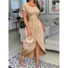 -Item Id 38681917 -Details: Asymmetrical, Ruched, Split Thigh -Neckline: Scoop Neck -Sleeve Type: Regular Sleeve -Style: Casual -Type: A Line -Waist Line: High Waist -Hem Shaped: Asymmetrical -Color: Apricot -Pattern Type: Plain -Sleeve Length: Short Sleeve -Fit Type: Slim Fit -Length: Midi -Material: Knitted Fabric -Composition: 95% Polyester, 5% Elastane -Care Instructions: Machine Wash Or Professional Dry Clean -Sheer: No -Fabric: Medium Stretch -Body: No -Pockets: No **Open To Offers!!!** ** Beige Fitted Midi Dress With Asymmetrical Hem, Short Sleeve Summer Dresses, Casual Short Sleeve Dress, Classy Chic, Fabric Medium, Short Sleeve Dress, Chic Boutique, Dress Summer, Boutique Dresses