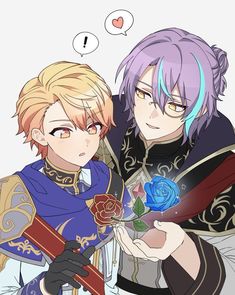 two anime characters one is holding a rose and the other has a blue rose in his hand