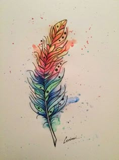 a watercolor drawing of a colorful feather on white paper with the word love written below it