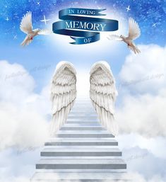 two white angel wings sitting on the steps leading up to an open sky with stars