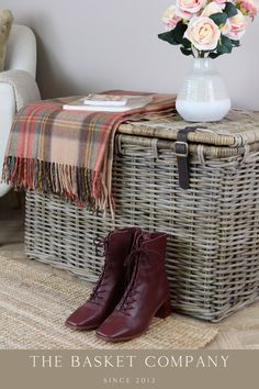 Grey & Buff Rattan Wicker Storage Trunk With Straps l The Basket Company Trunk In Bedroom, Wicker Chest