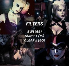 four different photos of women in costumes and masks with text that reads filters bm 65 sunset 15 clear 80