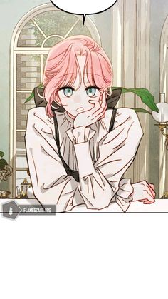 an anime character with pink hair and blue eyes sitting in front of a white wall