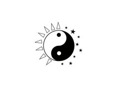 the yin symbol is shown in black and white with stars around it's edges