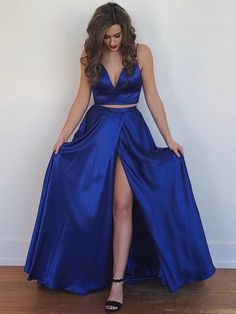 Blue Satin Prom Dress Two Pieces Evening Dresses Long Open Back Womens Dresses,GD178 on Storenvy Yellow Satin Prom Dress, Royal Blue Formal Dresses, Two Piece Evening Dresses, Royal Blue Prom, Two Piece Prom, Blue Prom Dress, Backless Evening Dress, Prom Dresses Yellow, Royal Blue Prom Dresses