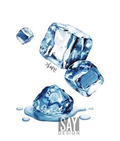 three ice cubes falling into the water on a white background with words say design