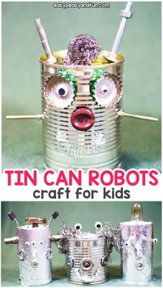 Kids Upcycling Projects, Recycled Robot Project Diy, Tin Can Robots, Recycled Crafts For Kids, Monster Craft, Fox Crafts, Recycling Crafts