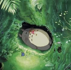 a painting of a hippo laying in the middle of a lush green jungle area