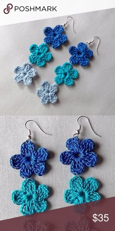 crocheted flower earrings are shown in blue and white colors, with the words poshmark written below them