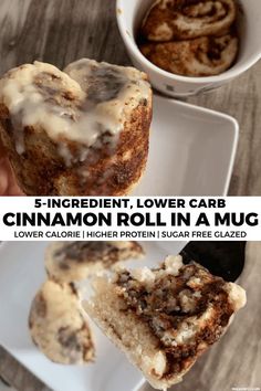 cinnamon roll in a mug on a plate next to a cup of coffee with the words 5 - ingredient lower carb cinnamon roll in a mug