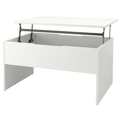 a white desk with an open drawer underneath the top and two black handles on each side