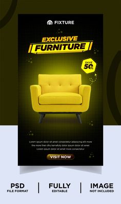 an advertisement for furniture on a black and yellow background with the image of a couch