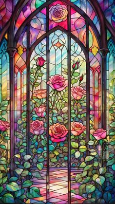 a stained glass window with roses in it