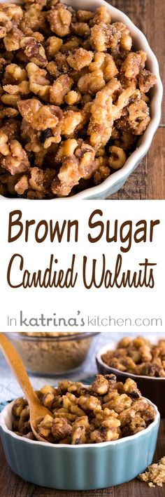 brown sugar candied walnuts in a bowl with spoon