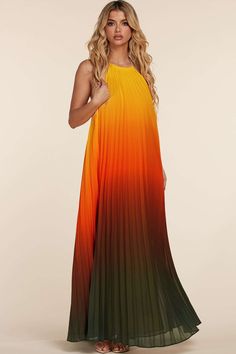 Beautifully effortless Strapless Halter Maxi Dress in cascading pleats boasts a bright Ombre. The gold strap at the neckline ties into a bow at the sexy open backLined - Elastic band in the back neckline Fabric: Self & Lining: 100% Polyester – Lightweight Pleated Fabric – Stretchy – Gold Straps Neckline Model is wearing Size Small Uzun Boy, Sunset Ombre, Ombre Maxi Dress, Ombre Dress, Halter Maxi Dress, Rainbow Dress, Backless Maxi Dresses, Strapless Maxi, Halter Maxi