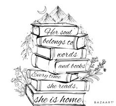 a stack of books with the words she is home written on them in black ink