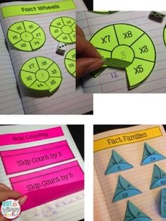 three pictures showing different types of numbers and shapes in the same book, including one with an origami