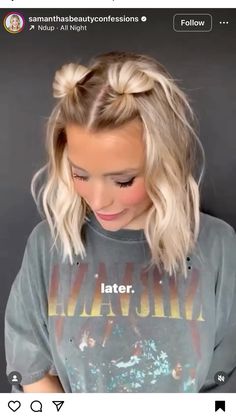 Emo Space Buns, Short Hair Space Buns Half Up, Mini Space Buns Half Up, Half Up Space Buns Long Hair, Space Buns Half Up Half Down, Island Hair, Bun Tutorial, Messy Bun Hairstyles