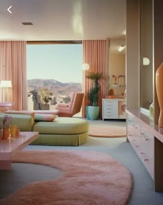 a living room filled with lots of furniture and pink carpeted flooring next to a large window