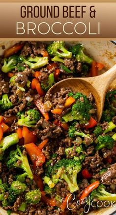 ground beef and broccoli in a skillet with a wooden spoon on the side