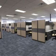 an office cubicle with multiple partitions and chairs