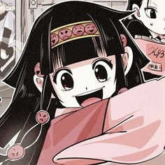 an anime character with long black hair and big eyes, wearing a tiara in front of other characters