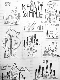 some doodles that are on top of a piece of paper with trees and mountains