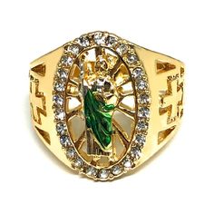 Gold Plated Yellow Green San Judas Ring Saint Jude Ring - Trendolla Jewelry San Judas Tadeo Gold Ring, San Judas Ring, Guy Jewelry, Saint Jude, Bday Gifts, Art Jewelry Design, Gemstone Earrings Gold, Halo Design, Flat Back Earrings